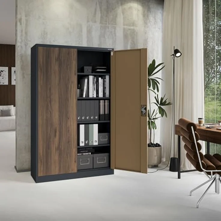 Jan Nowak Aktenschrank Metall 185 x 115 x 40 cm Büroschrank abschließbar Stahlschrank mit 4 verstellbaren Einlegeböden Dokumentenschrank Antrazit Nussbaum – Bild 9