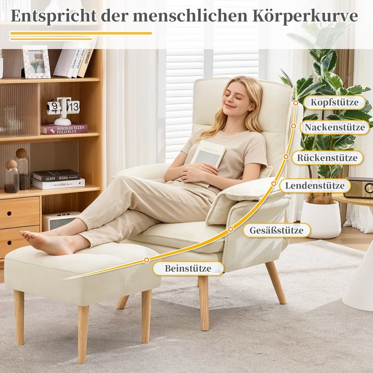 Merax Relaxsessel mit Hocker, 5-fach verstellbarer Liegesessel, gepolsterter Lesesessel & Fernsehsessel mit Kopf- und Armlehnenkissen, Polstersessel mit Holzbeinen, Beige – Bild 5