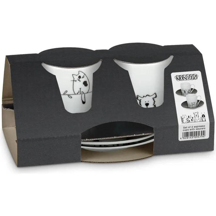 Könitz Funny Cats & Dogs Espresso Geschenkset, 4-tlg, 2 Espresso Tassen mit Untertasse, Porzellan, 85 ml, 11 5 054 2075