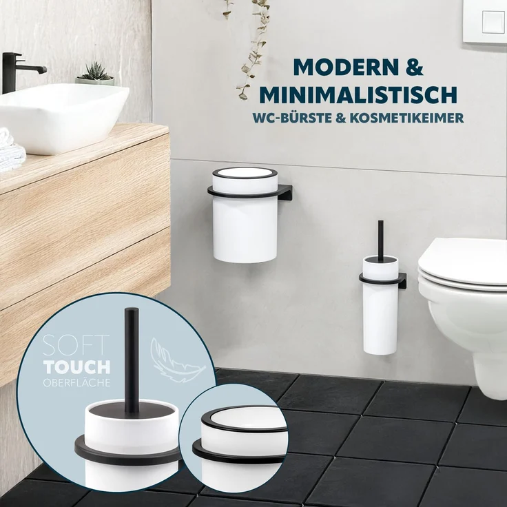 2tlg. Bad-Set SAVONA Softtouch inkl. Wandhalterung, Kosmetikeimer 5,5 Liter und WC-Garnitur, rund - weiß – Bild 2