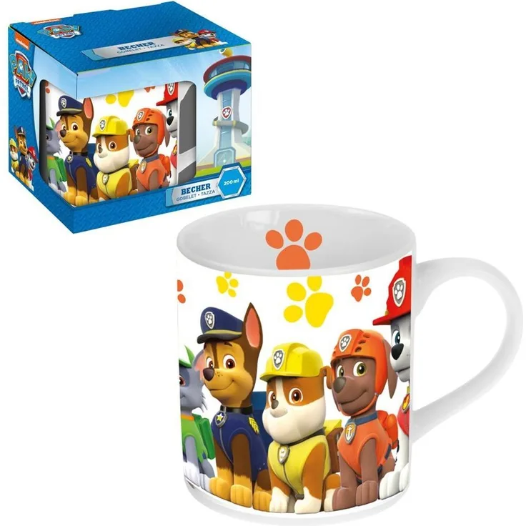 POS 29460088 - Trinkbecher angesagtem mit Paw Patrol Motiv, Tasse für Jungen und Mädchen mit ca. 200 ml Fassungsvermögen, aus Porzellan, im Geschenkkarton, mikrowellen- und spülmaschinengeeignet