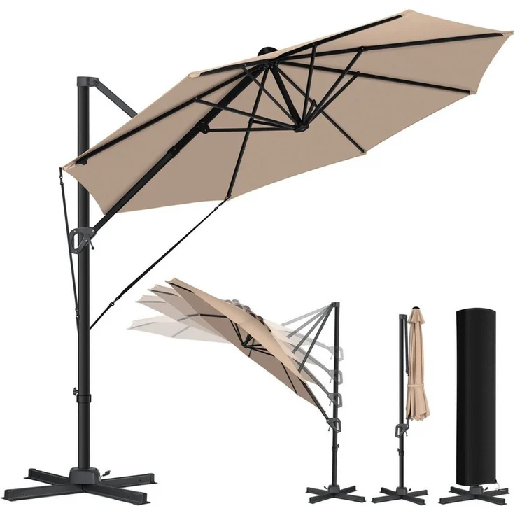 KESSER® Sonnenschirm Ampelschirm SUN Rund XL Ø330 cm Inkl. Abdeckung + Windsicherung 7-Fach Verstellbar Drehbar Neigbar Kippbar Groß 360° Drehbar Gartenschirm mit Kurbel Sonnenschutz UV50+ Taupe, Ohne LED – Bild 1