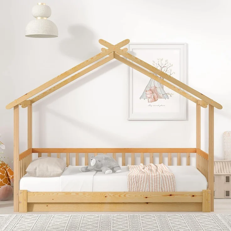 SOFTWEARY Kinderbett Ausziehbett mit Lattenrost und ausziehbarer Liegefläche (90x200 cm/180x200 cm), Hausbett, Kiefer – Bild 2