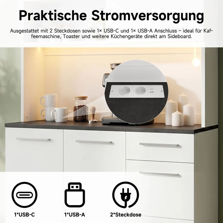 Buffetschränke, Esszimmer-Hochschrank 120×40×180 cm, mehrstufigem Stauraum, integrierter Steckdose sowie USB-C- und USB-A-Anschlüssen,Mit farbigem Lichtstreifen, Weiß – Bild 9