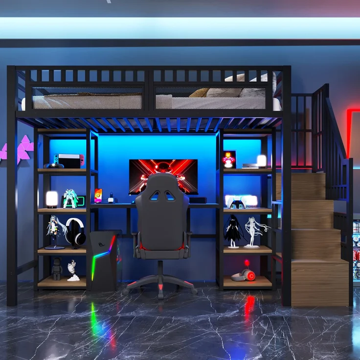 EINHOM Hochbett, 90 x 200 cm, Eisenrahmen, Ablagefach, Leiter mit Stauraum, Schreibtisch, LED-Lichtleiste, USB-Anschluss Inklusive, Schwarz (Ohne Matratze) – Bild 3