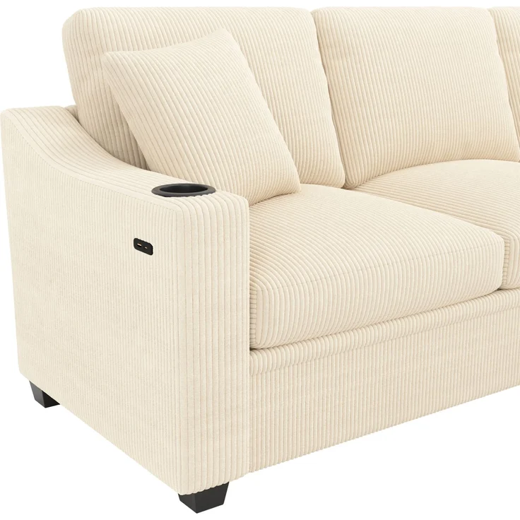 Ecksofa 277x215x85 cm in Beige mit Cordbezug, USB-Anschluss und Getränkehaltern – Bild 8