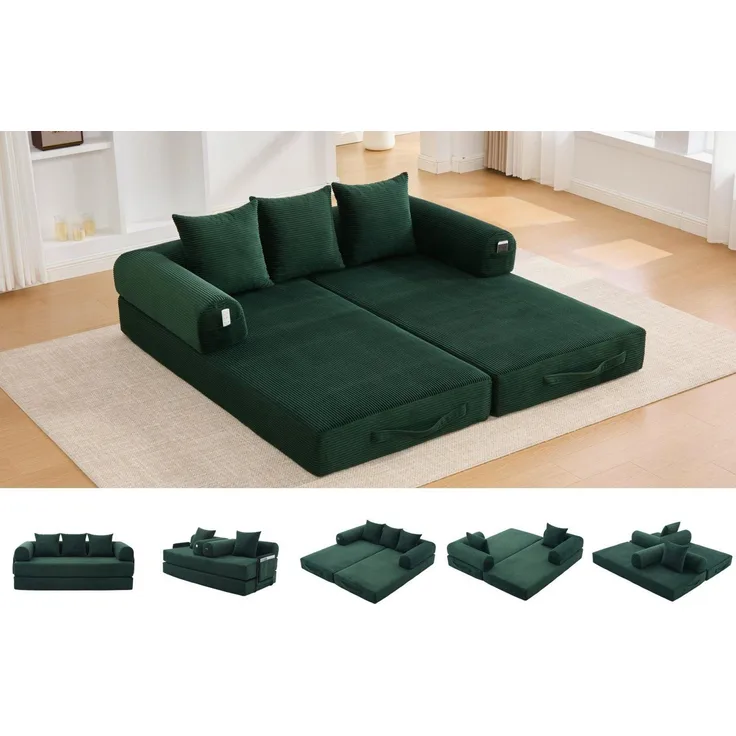 LVHOM Loungesofa faltbar mit Schlaffunktion, Stabil-/abnehmbarer Außenrahmen aus Metall, frei kombinierbar, Liege- oder Klappsofa, 3 Kissen, Hochelastischer Schaumstoff, weicher Cordstoff, Praktische Seitentaschen zur Aufbewahrung, Ideal für flexible R...