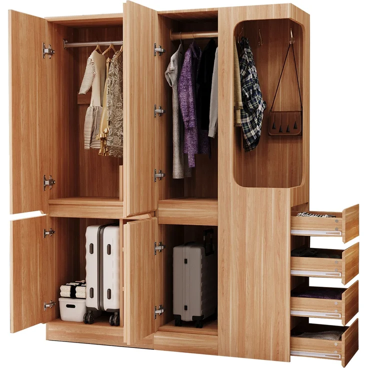 CHICFURN Kleiderschrank aus Holz, Naturholz, 140x170x40 cm, mit 4 Schubladen und offenem Hängebereich – Bild 6