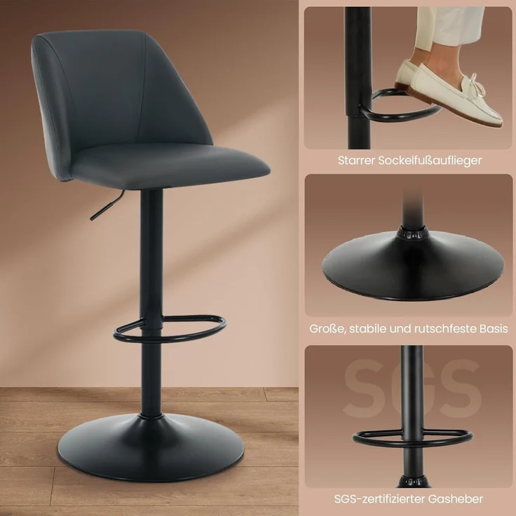 COLAMY 360° Drehbarer Höhenverstellbarer Barhocker 2er Set, Moderne Kücheninsel Barstühle mit Rückenlehne, PU-Kunstleder Barstühle mit Fußstütze – Geeignet für Küche, Bar, Esszimmer, Büro, Schwarz – Bild 7