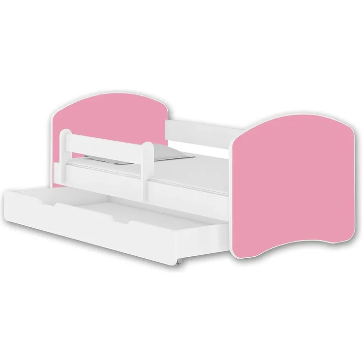 Jugendbett Kinderbett mit einer Schublade mit Rausfallschutz und Matratze Weiß ACMA II 140 160 180 (180x80 cm + Schublade, Weiß - Rosa)