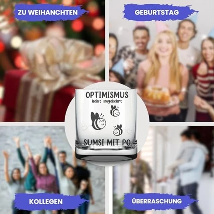 Lasernauten Whiskyglas Glas mit Gravur "Optimismus - Sumsi mit Po" lustiges Geschenk Bienchen, mit Gravur – Bild 5