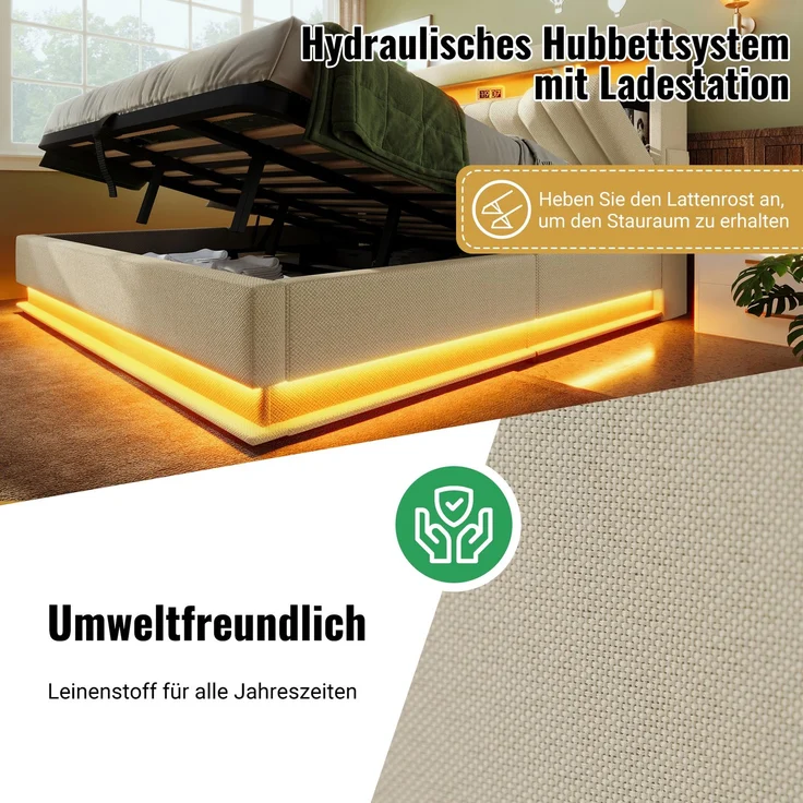 EINHOM Polsterbett Einzelbett 160 x 200 cm, Stauraum-Kopfteil mit USB, LED-Beleuchtung am Kopf- und Fußende des Bettes, mit Hydraulischem Stauraum, Leinen, Beige, (Ohne Matratze) – Bild 3