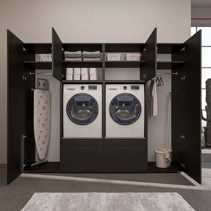 Roomart Waschmaschinenschrank SERIE-III Schrankwand 254 cm – 2 Geräte, Soft-Close | • Schwarz-Eiche – Bild 5