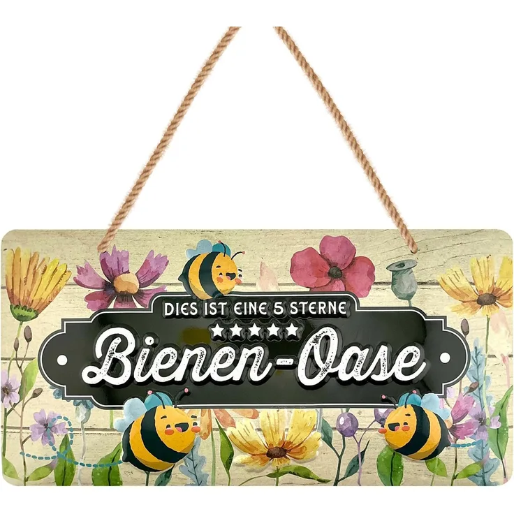 LANOLU Blechschild Bienen Oase - 16x32cm – Metall – Mehrfarbig – 16108