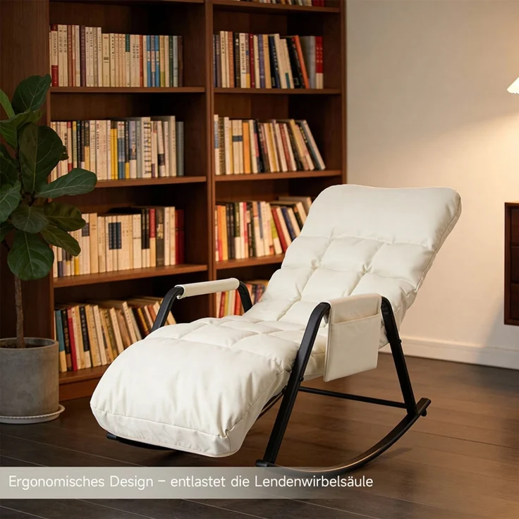 Home Nature Wohnkonzept Schaukelstuhl mit 5-fach verstellbarer Rückenlehne, Ergonomischer Relaxsessel, Lesesessel bis 160 kg, 104×56×93,5 cm, Kunstleder Cremeweiß – Bild 5
