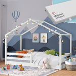 Bellabino 'Abia' Hausbett 90x200 cm mit Matratze, weiß, Kiefer Massivholz, Bodenbett in Hausoptik, Montessori Kinderbett mit Rausfallschutz und Lattenrost