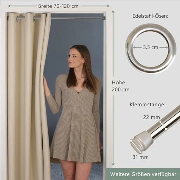 tinycurtains Türvorhang mit Stange silber 70-120 cm Thermo Vorhang ohne Bohren, blickdicht, Ösen, abdunkelnd, Polyester, beige Driftwood, Türgardine mit Klemmstange Raumteiler verdunkelnd – Bild 9