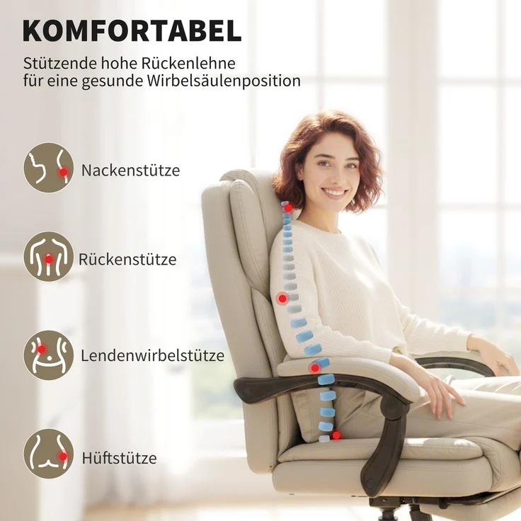 HOMCOM Bürostuhl, Kunstleder, Mehrschichtenplatte, Beige, 67 x 65 x 119 cm – Bild 4