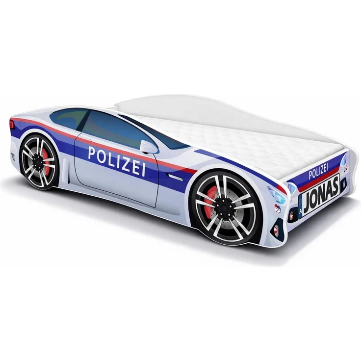 ACMA Kinderbett Auto-Bett Polizei mit Rausfallschutz, Lattenrost und Matratze (Polizei 3, 160x80 cm + Name)