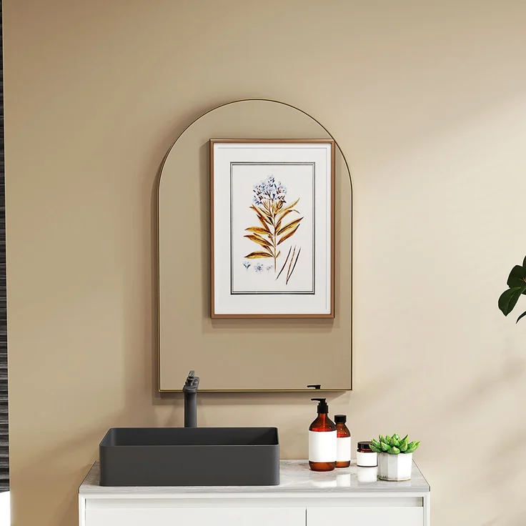Gewölbter Wandspiegel, Badezimmerspiegel mit Rahmen aus Aluminiumlegierung für Schlafzimmer, Wohnzimmer, Flur, 60 × 90 cm, gold – Bild 3