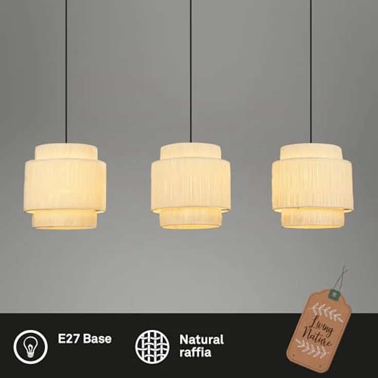 Briloner Pendelleuchte Swing Nature, 3-flammig mit Bastschirm im Boho-Stil für Esszimmer und Wohnzimmer, E27-Fassung – Bild 2