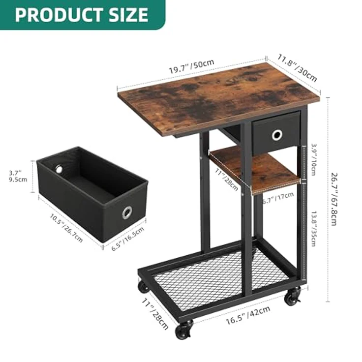 YITAHOME Beistelltisch, C-Form Sofatisch mit Rollen und Schublade，Wohnzimmertisch für Kaffee und Laptop，für Wohnzimmer, Schlafzimmer，50 x 30 x 67cm, Rustikales Braun – Bild 3