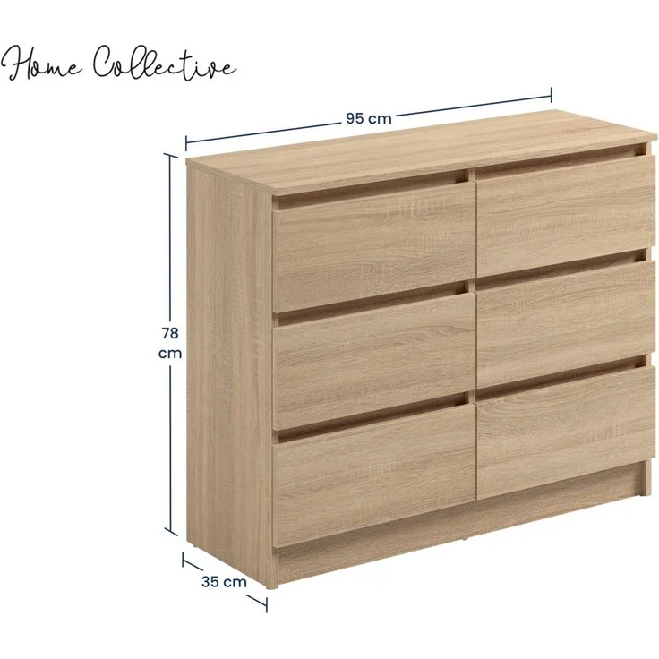 Home Collective Kommode mit 6 Schubladen 95, 120, 140 cm breit Holz Schrank (Highboard Anrichte Schlafzimmer Wohnzimmer Flur Büro Organizer), Kommode 95 cm breit Kommode Sideboard, Sonoma – Bild 2