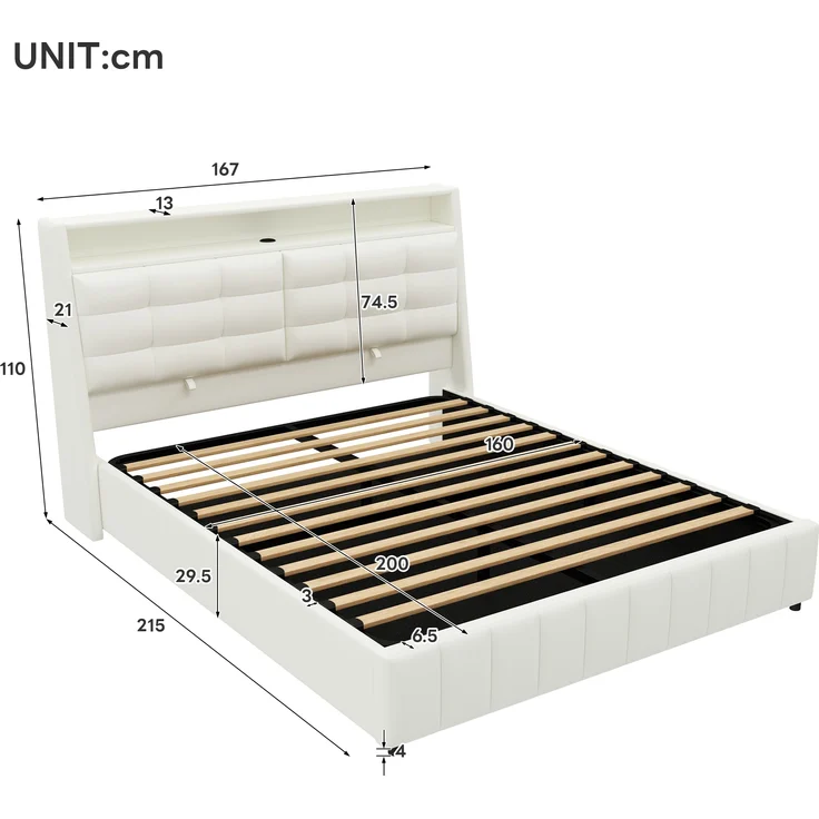 Gepolstertes Plattformbett, LED-Licht USB-Anschluss Stauraum unter dem Bett verstellbare Kopfteilkissen, Polsterstoff, Weiß, 160 x 200 cm – Bild 7
