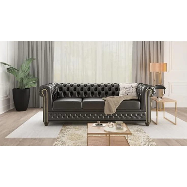 S-Style Möbel Chesterfield-Sofa Jeff 3-Sitzer aus veganem Leder mit Holzfüßen, mit Wellenfederung – Bild 6