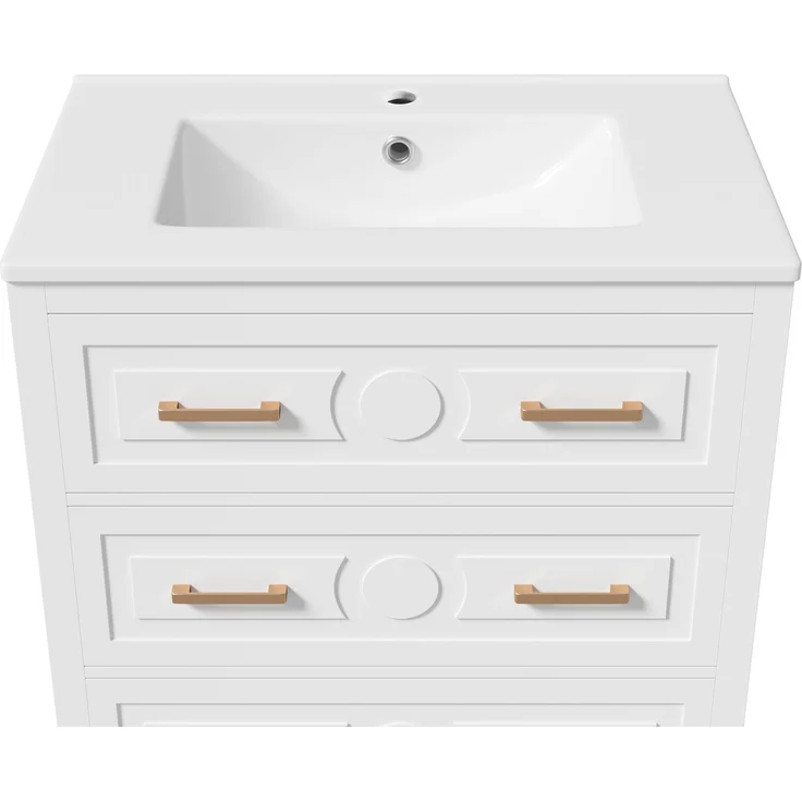 Waschtisch 76,5 x 47 x 82 cm, freistehend, weiß, mit Keramikbecken und 3 Schubladen – Bild 9