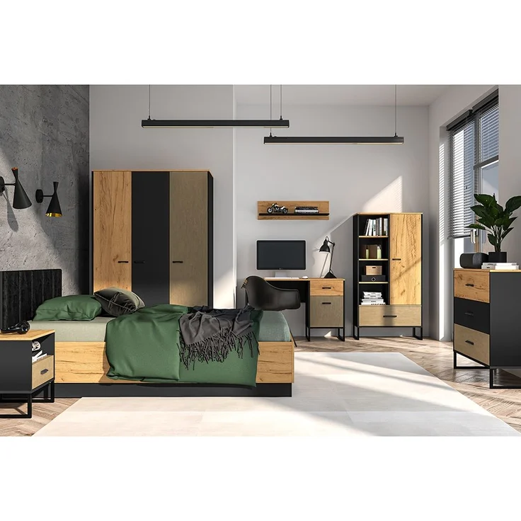 Kleiderschrank 3-türig, schwarz mit Eiche und sandfarben, CASPER-131 – Bild 7