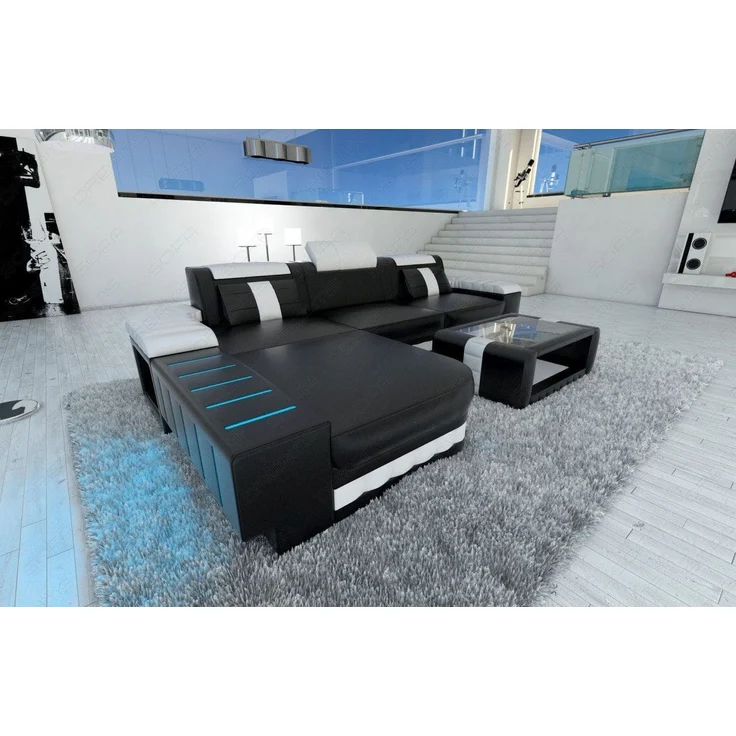 Ecksofa Bellagio L Form - Echtleder - schwarz-weiß - Links – Bild 3