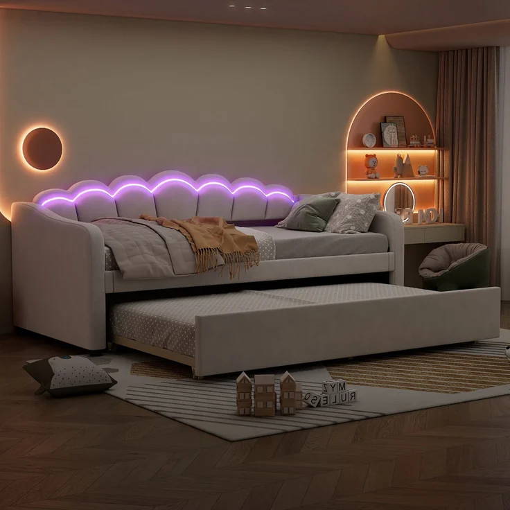 Ausziehbett 90×200 cm mit LED-Beleuchtung und Rollbett, Samt Beige, ohne Matratze – Bild 6