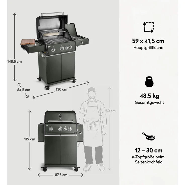 BURNHARD® FRED Deluxe Gasgrill 3-Brenner, Edelstahlrost, Grün - Grün - #947131 – Bild 3