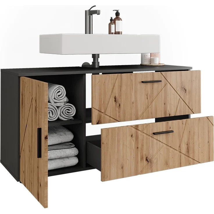 Waschbeckenunterschrank Irma Anthrazit/Artisan 120.1 x 60.6 cm mit 2 Schubladen und 1 Tür Vicco – Bild 5