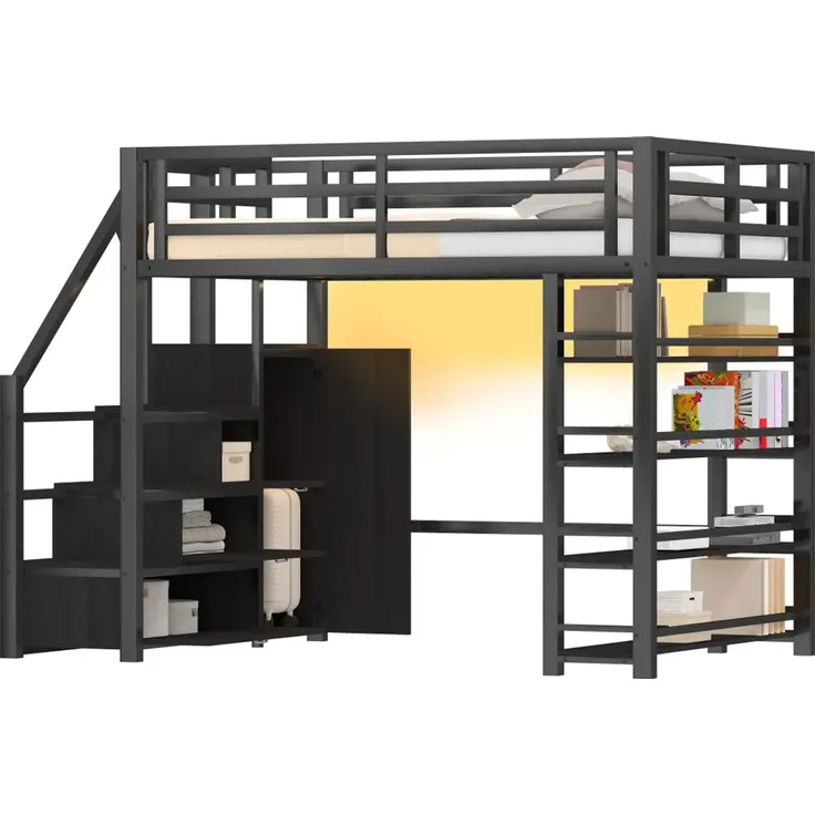 Hochbett mit Kleiderschrank, LED-Streifen, Rausfallschutz und Regal, 140x200cm, Treppe mit Schränken, und, Kinderbett, Metallbett – Bild 6
