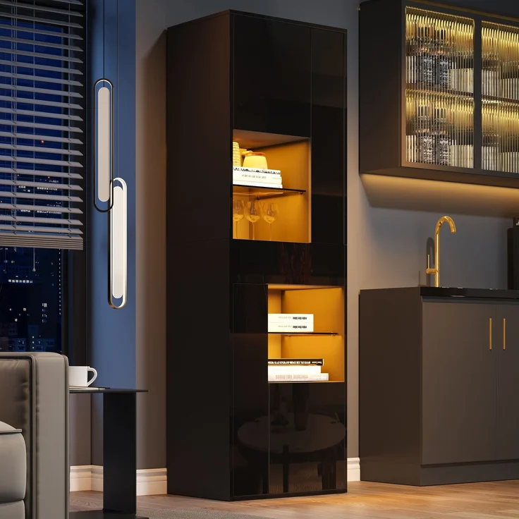 55*38*170cm Verkaufsvitrine, Hochschrank mit 1 Schublade und 4 Schränken,Glasvitrine Vitrinenschränke mit led , Vitrinen Mit Hochglanz-Design,Wohnzimmerschränke, Vitrinen, Schaukästen,Schwarz--Schwarz--55x38x170cm--YOUDENOVA – Bild 6