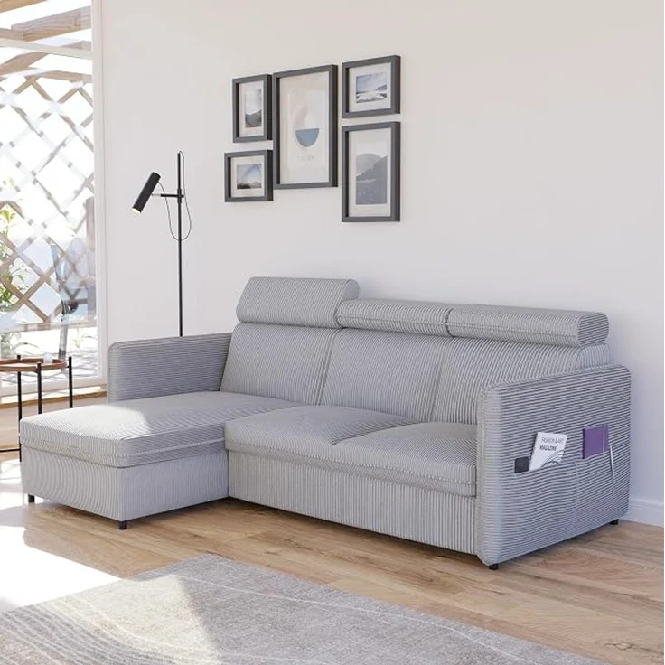 Graues Eckschlafsofa (220 x 160 cm) mit Bettkasten, Schlaffunktion und verstellbaren Kopfstützen – Bild 2