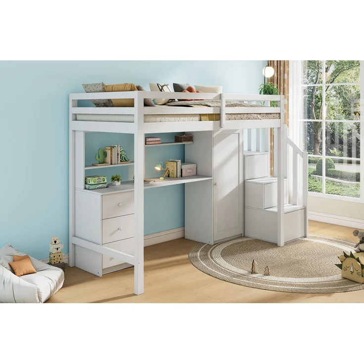 Merax Hochbett Etagenbett 90*200cm Kinderbett mit Schreibtisch und Kleiderschrank, Treppe, multifunktionales Kinderetagenbett, ausgestattet mit Schubladen und Treppenschrank, weiß – Bild 5