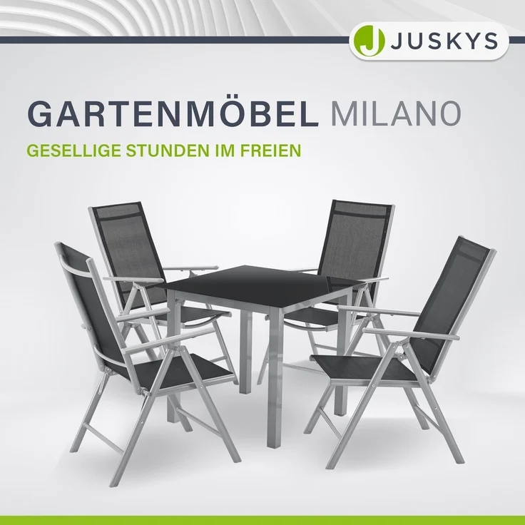 Juskys Aluminium Gartengarnitur Milano 4+1 — 4 Hochlehner Stühle verstellbar & klappbar mit Tisch — Gartenmöbel Set 5-teilig wetterfest — Silber – Bild 2