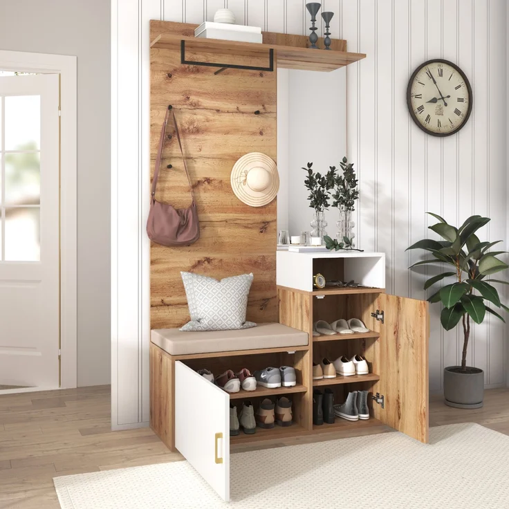 Garderobe Schuhschrank Flurmöbel 105 cm Weiß Holz - Mit Spiegel, Sitzbank, Haken & Stange, höhenverstellbar – Bild 4