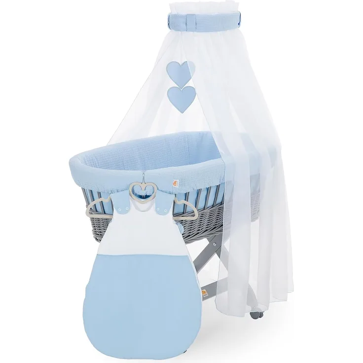 FabiMax Stubenwagen Grau lackiert, 2 in 1 Musselin / Waffelpiqué Komplettset Blau mit Schlafsack