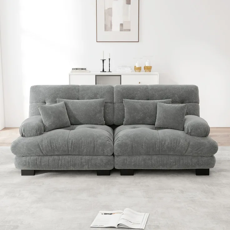 Ecksofa, Cloud Ecksofa für Wohnzimmer Chenille Doppelsofa mit 2 Lendenkissen und 2 Dekokissen Massivholzrahmen, Chenille+Massivholz, Grau