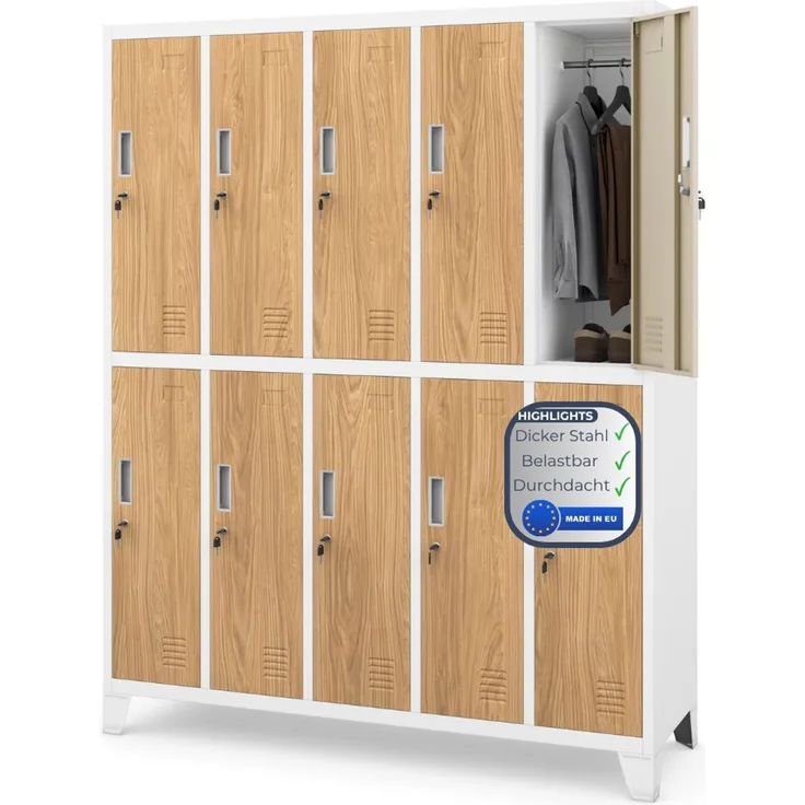 Umkleideschrank Spind BERLIN - 10 Abteile, Etikettenhalter Lüftungsschlitze | Umkleidespind Schließfachschrank Garderobenspind, 172 x 136 x 45 cm Weiß-Goldene Eiche