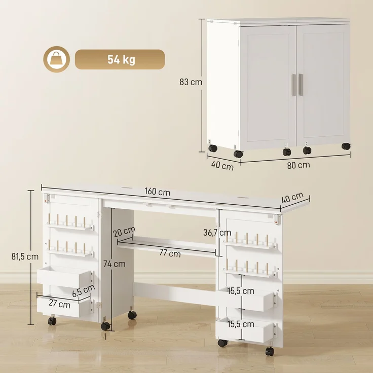 Wohnora-Klappbarer Nähtisch, Nähschrank auf Rollen, 2 Magnettüren, 4 Ablagen, 20 Haken, 160 x 40 x 81,5 cm, weiß,H 815cm x T 1600cm x B 400cm – Bild 5
