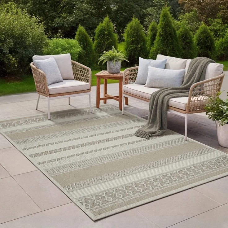 the carpet Calgary - robuster Teppich, Flachgewebe, modernes Design, ideal für Küche und Esszimmer, Vintage-Optik, Boho-Style, besonders flach, auch für den Außenbereich, Beige, 67x180 cm – Bild 1