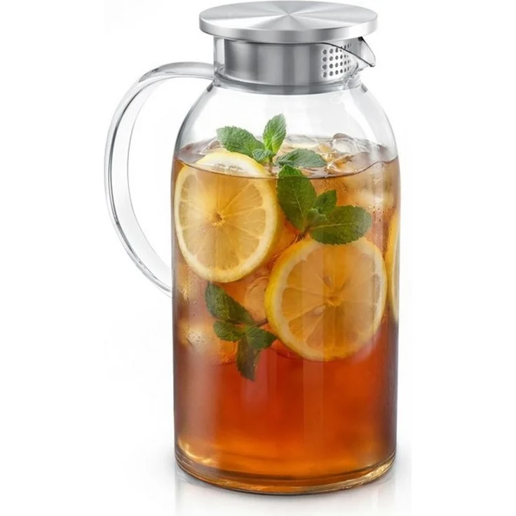 Arendo Karaffe Glaskaraffe 1,8 Liter mit Deckel aus lebensmittelechtem Edelstahl, (Packung, 1x Glaskaraffe mit Edelstahldeckel), Borosilikatglas, 1800 ml, Sieb, hitze- und kältebeständig, BPA-frei – Bild 4