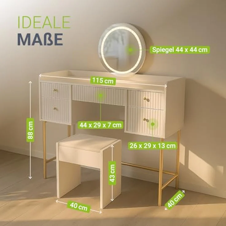 Juskys Schminktisch Samira & Hocker Melly mit Touch-LED-Spiegel, 5 Schubladen, viel Stauraum & elegantes Design für Schlafzimmer & Make-up – Weiß/Gold – Bild 6