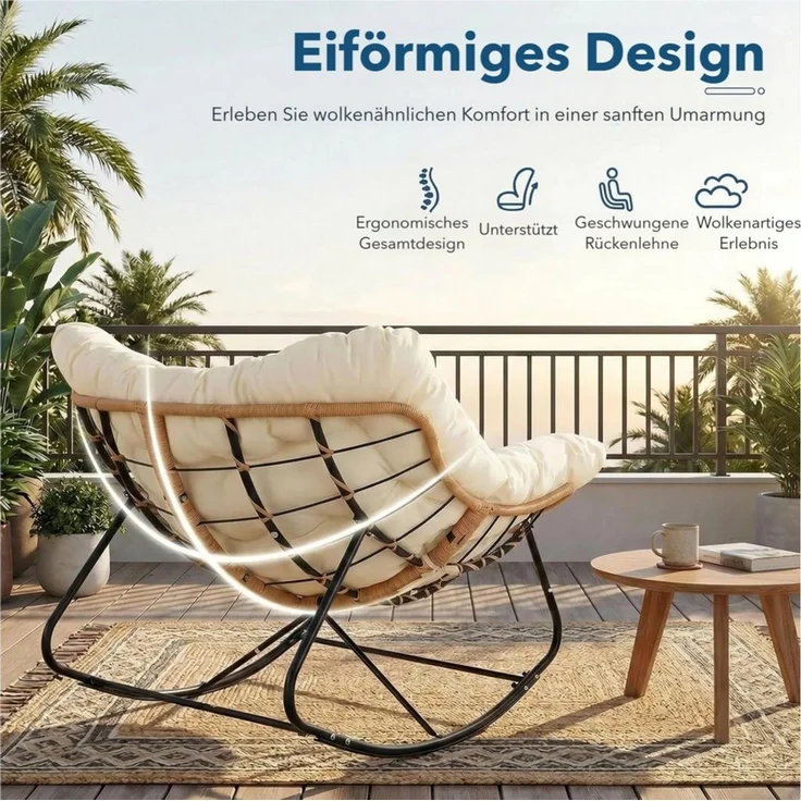 TLGREEN Schaukelstuhl mit Rattan,elegante Eiform, leiser Schaukelkomfort,dickem Abnehmbar Polster & Metallrahmen, Belastung von 150kg – Bild 4