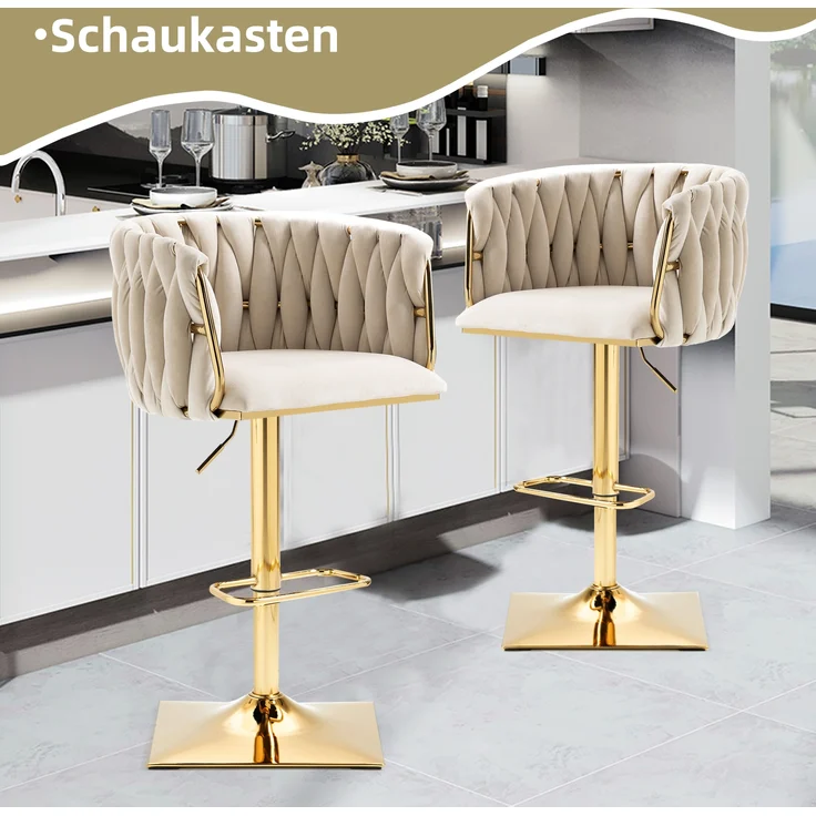 LVHOM Barhocker 2er Set, 360° drehbare moderne Samt-Barstühle, drehbare Küchenhocker, goldene Stuhlbeine – Bild 2